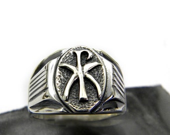 sterling silver men's ring Chi Rho symbol Christogram handmade heavy ring size 10, pre christian monogram jewelry for men