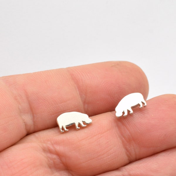 Sterling Silver Hippo Silhouette Stud for Teens - cute wild animal lovers small earrings - nature themed gift