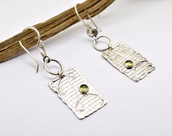 Modernist green stone earrings from sterling silver and peridot gemstone, Long dangle and textured gift for her