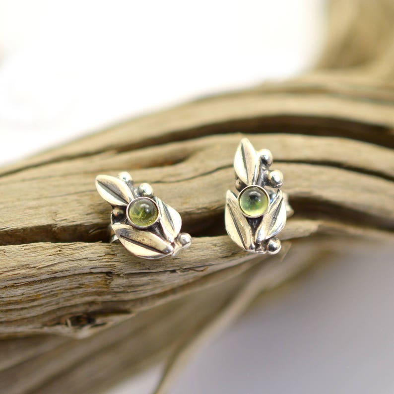 Sterling silver small peridot earrings leaf studs peridot post earrings organic nature earrings small earrings botanical jewelry image 2