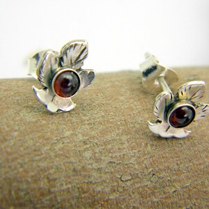 Leaf sterling silver earrings garnet studs organic leaf studs Oxidized leaf jewelry-handmade garnet jewelry image 3