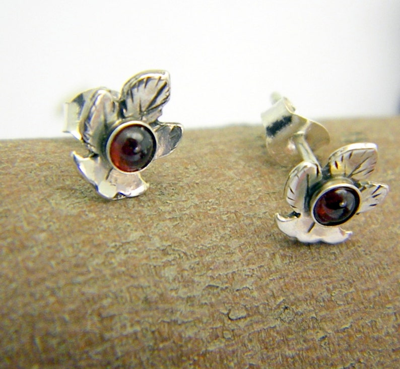 Leaf sterling silver earrings garnet studs organic leaf studs Oxidized leaf jewelry-handmade garnet jewelry image 3