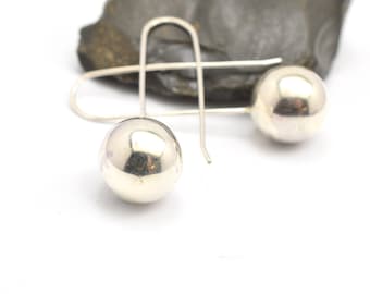 Sterling silver ball earrings, dangle 14 mm ball earrings, Long contemporary earrings, simple jewelry, modernist gift for her
