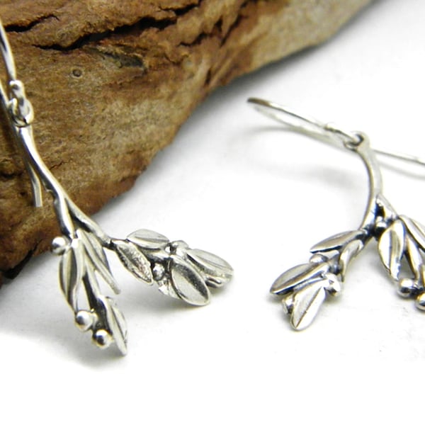 Twig earrings, sterling silver branch dangle earrings, olive leaves long earrings