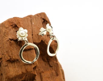 Sterling Silver freshwater Pearl long stud Earrings - flower and circle with Butterfly Back -  Classic Post Earrings for Women