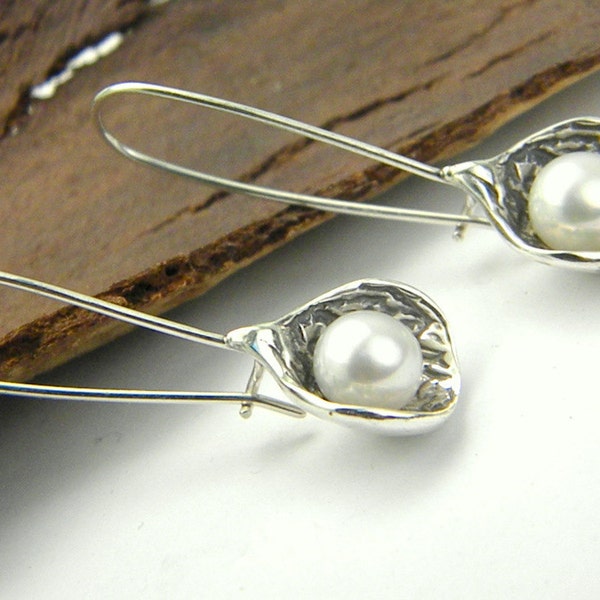 Flower bud earrings, sterling silver long pearl earrings, botanical jewelry, gift for her, white pearl jewelry, 925 silver