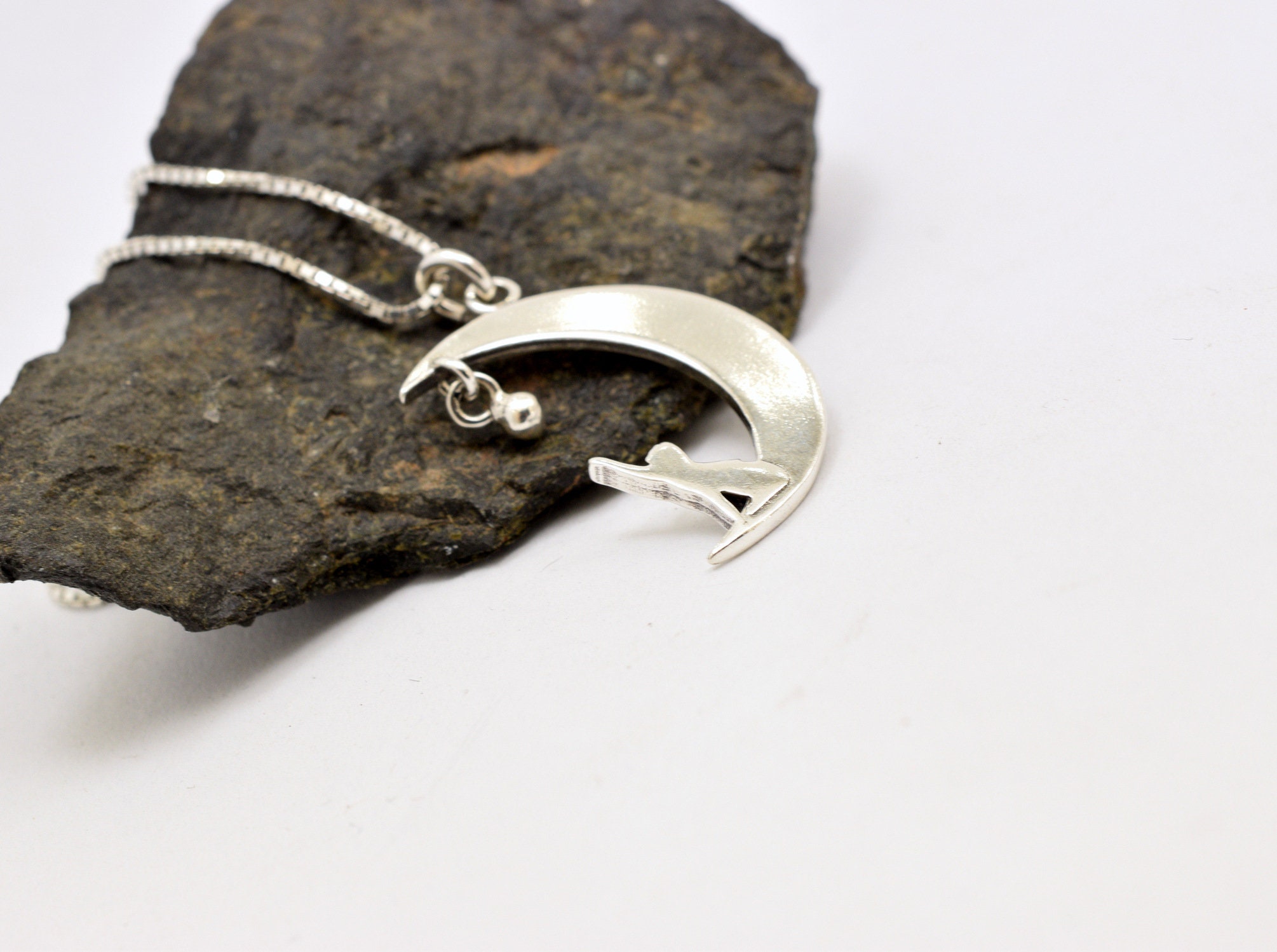 Collana Con Ciondolo Gatto E Luna In Argento 925 E Diamante - Gioiello A Forma Di Gatto, Ornamento Animale Per Donna