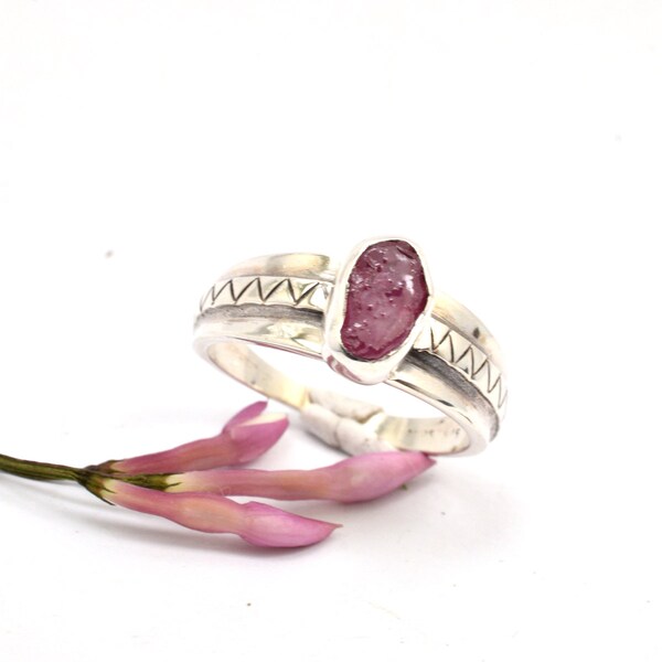 Ruby ring sterling silver rough raw ruby stone, solitaire ring, stacking ring, July birthstone, ring size 8, gemstone ring, ruby jewelry