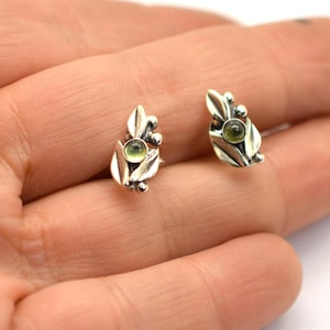 Sterling silver small peridot earrings leaf studs peridot post earrings organic nature earrings small earrings botanical jewelry image 4