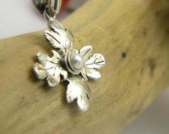 Sterling Silver cross pendant victorian style with pearl, Christianity romantic handmade necklace vines