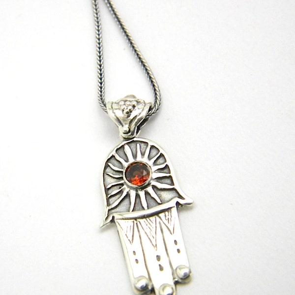 Fatima hand sterling silver garnet necklace, hamsa pendant and oxidized chain handmade 925 silver amulet Khamsa