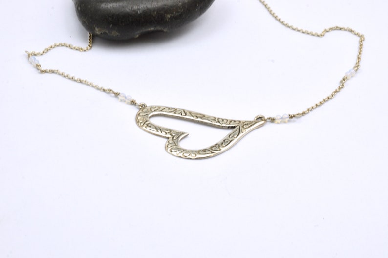 Sterling silver engraved hearts necklace for love outline heart jewelry and tiny moonstone anniversary gift for her