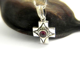 Small silver cross, garnet stone, sterling silver solid religious pendant, garnet cross necklace