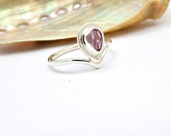 Tourmaline stone V ring in sterling silver , chevron delicate ring with pink gemstone size 6 1/2, tourmaline jewelry gift