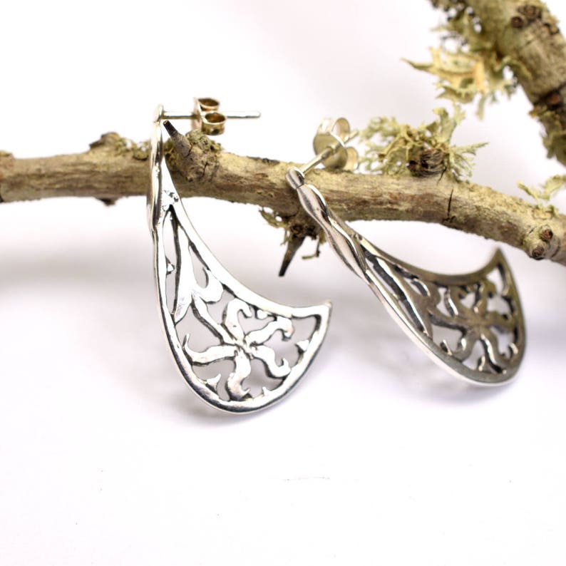 Silver long post earrings cutout floral post stud earring Etsy