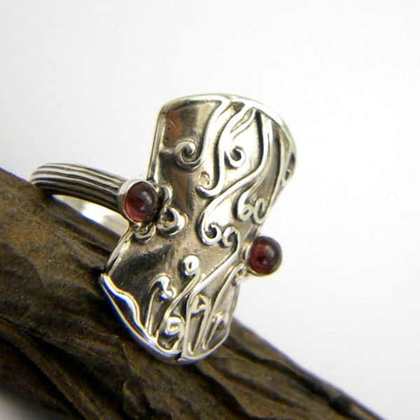 Sterling silver garnet ring, Etruscan Byzantine Style, handmade two stone ring, statement jewelry