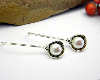 Sterling silver long earrings, white pearl dangle earrings with kidney wire - nature inspired jewelry