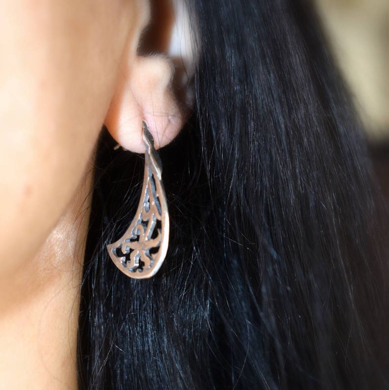 Silver long post earrings cutout floral post stud earring Etsy