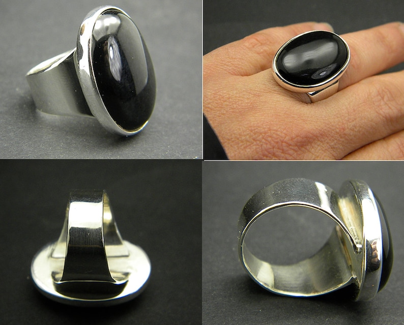 Black Onyx Ring, Sterling silver Ring, statement big Ring, Oval Black Stone, Artisan modernist statement ring image 5