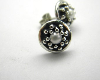 Sterling silver stud pearl earrings - post earrings - wedding white pearl -handmade jewelry oxidized, granulation ,Sale