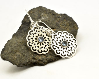 Dangle silver Mandala disc earrings from sterling silver with light blue aqua cz, gift for sister