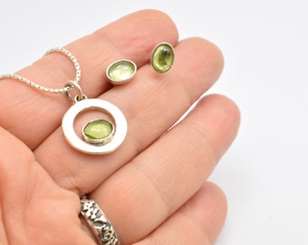 Set of peridot sterling silver necklace and earrings oval studs, August birthstone gift for teens sister, wife