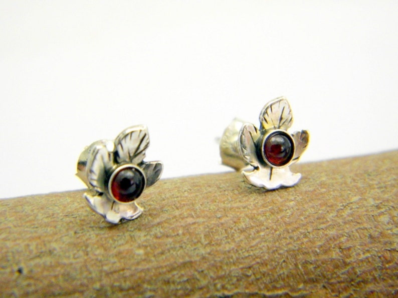 Leaf sterling silver earrings garnet studs organic leaf studs Oxidized leaf jewelry-handmade garnet jewelry image 2