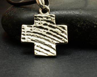 Rustic cross silver pendant, sterling silver men's cross necklace black leather artisan unisex cross bohemian textured cross