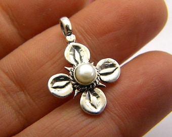 Sterling Silver cross pendant  pearl, Christianity romantic handmade necklace - ic xc ni ca engraved