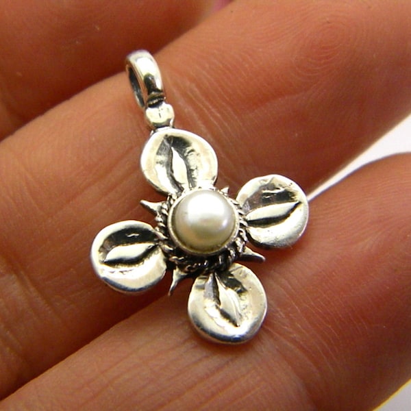 Sterling Silver cross pendant  pearl, Christianity romantic handmade necklace - ic xc ni ca engraved