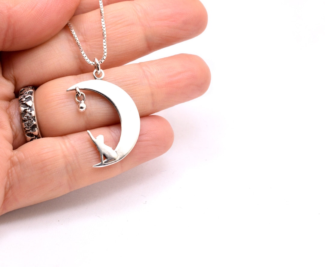 Collana Gatto Sulla Luna In Acciaio Inox - Ciondolo Mezzaluna Con Gattino, Regalo Per Lei - 3