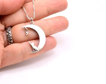 Silver crescent moon and cat pendant big charm sterling silver cat necklace - artisan cat jewelry for cat lovers gift