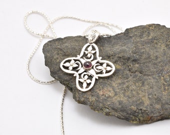 Sterling Silver cross pendant victorian style with garnet, Christianity romantic handmade delicate necklace