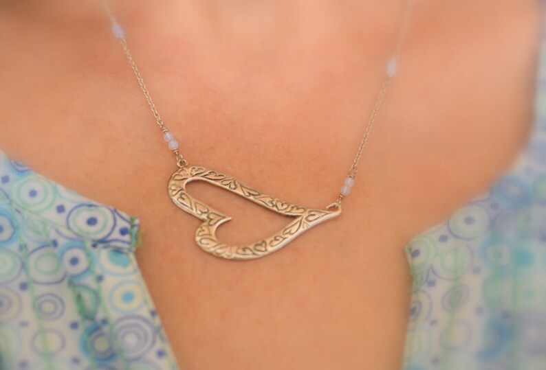 Sterling silver engraved hearts necklace for love outline heart jewelry and tiny moonstone anniversary gift for her