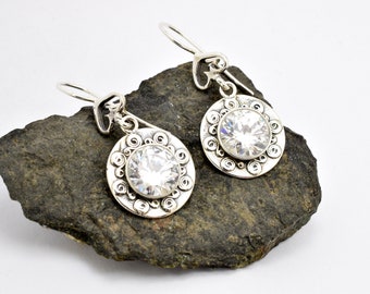 Sparkling  earrings from sterling silver with clear cubic zirconia - Heart and dangle disc