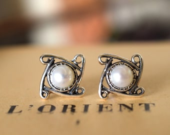 Sterling silver stud pearl earrings white pearl post earrings - wedding white pearl jewelry oxidized gift for her