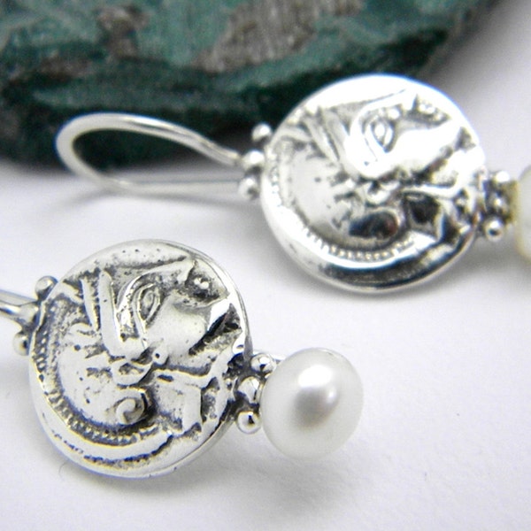 Athena sterling silver earrings, dangle coin earrings, white pearl , handmade jewelry antique style, greek coin jewelry