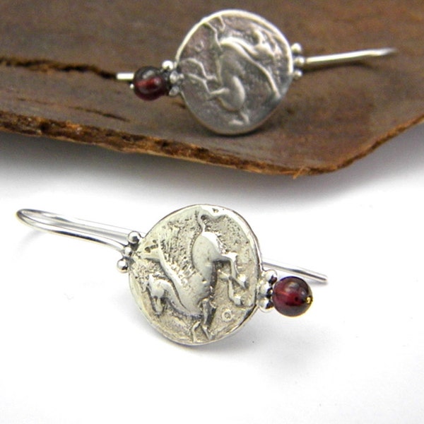 Pegasus sterling silver earrings, dangle coin earrings, natural garnet stone  handmade jewelry antique style, greek mythology, greek jewelry