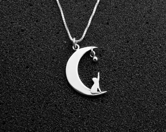 Collana Con Ciondolo A Forma Di Mezzaluna In Argento, Gatto - Foto 2