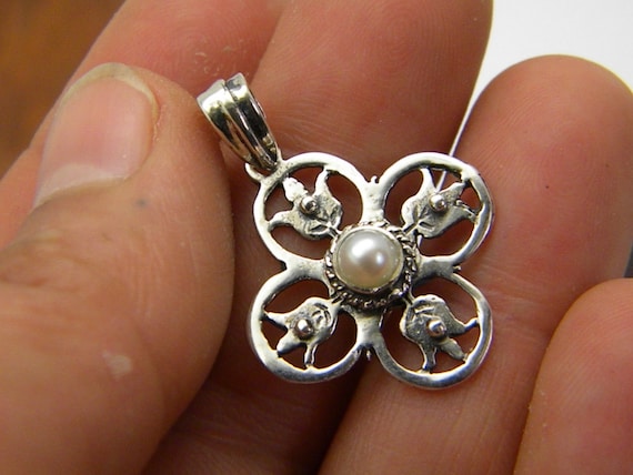 Sterling Silver cross pendant victorian style with pearl, Christianity romantic handmade cross for woman or girl