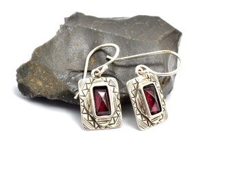 Garnet earrings sterling silver dangle earrings retro vintage style geometric rectangle January birthstone, gift for her