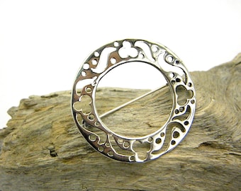 Large silver brooch sterling silver pin modernist circle cut out floral pattern simple shawl pin, gift for her minimal brooch