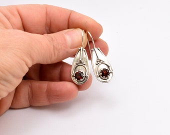 Sterling Silver dangle earrings tear drop with garnet stone women's jewelry gift