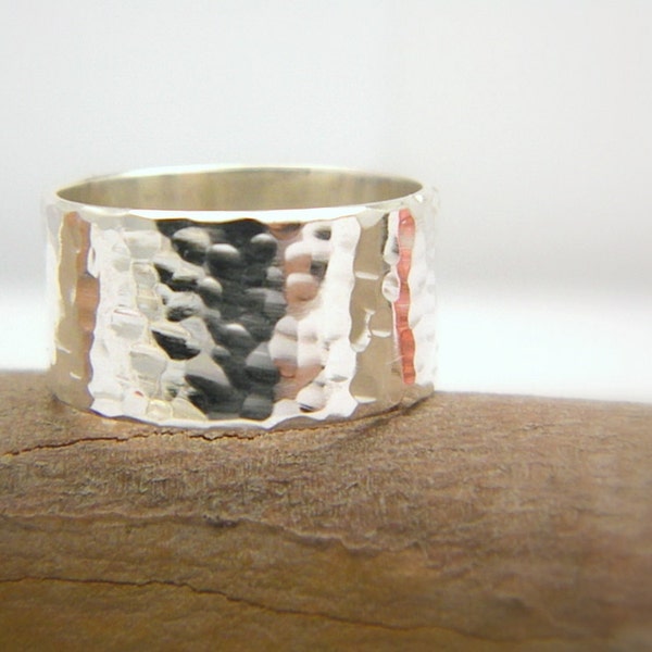 sterling silver wide ring - hammered band silver ring - size 6, 10 mm wide simple band solid silver