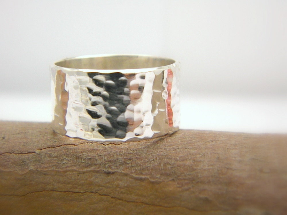 sterling silver wide ring - hammered band silver ring - size 6, 10 mm wide simple band solid silver