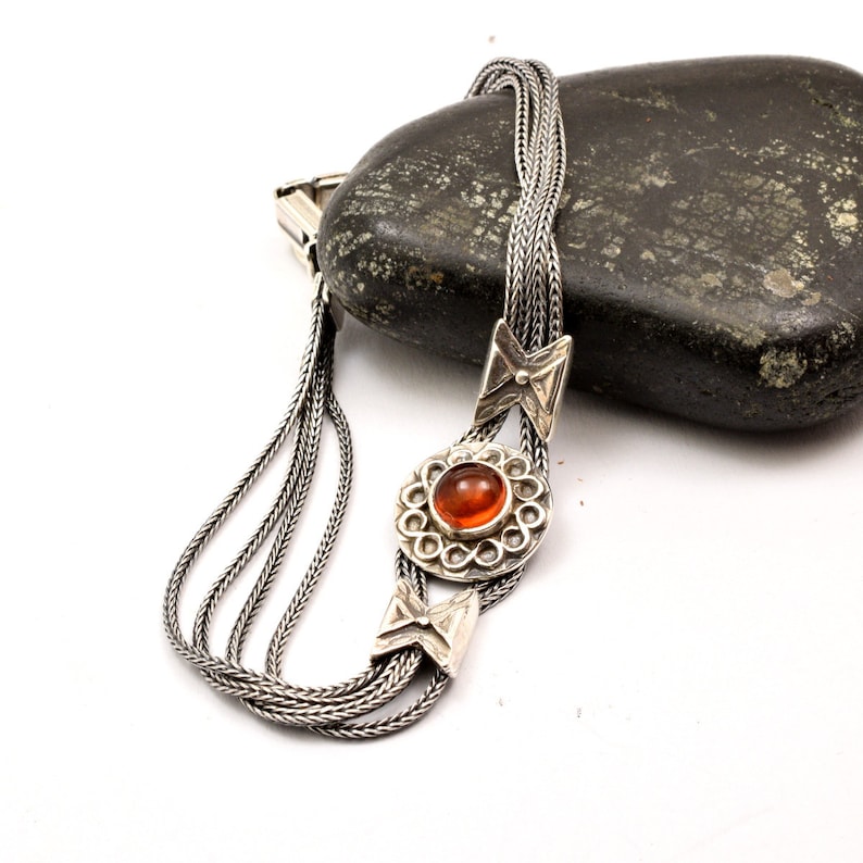 gift for her Amber sterling silver bracelet silver bangle byzantine multi strand wheat chain bracelet fox tail amber jewelry