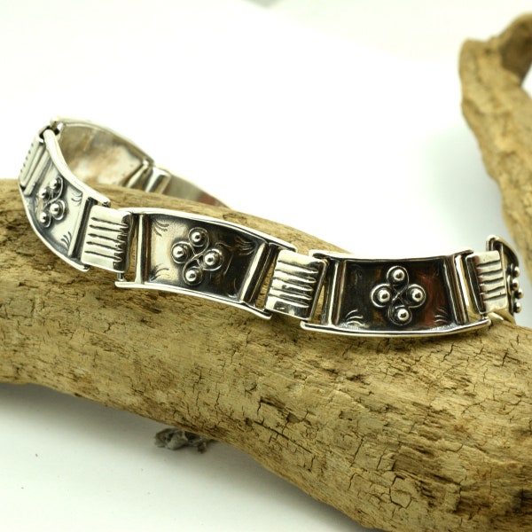 Sterling silver bracelet, wavy linked bangle vintage Etruscan style heavy unisex bracelet men's jewelry