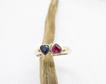 Sterling silver ring heart ruby and sapphire cubic zirconia set on a  band with accents of gold 14k, gift for mom