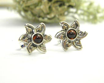 Small garnet earrings sterling silver flower studs, silver post earrings, garnet jewelry January birthstone