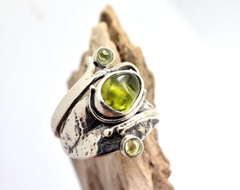 Sterling silver peridot ring size 6 free form wrap leaf band and raw green gemstone,  artisan jewelry handmade gift for her